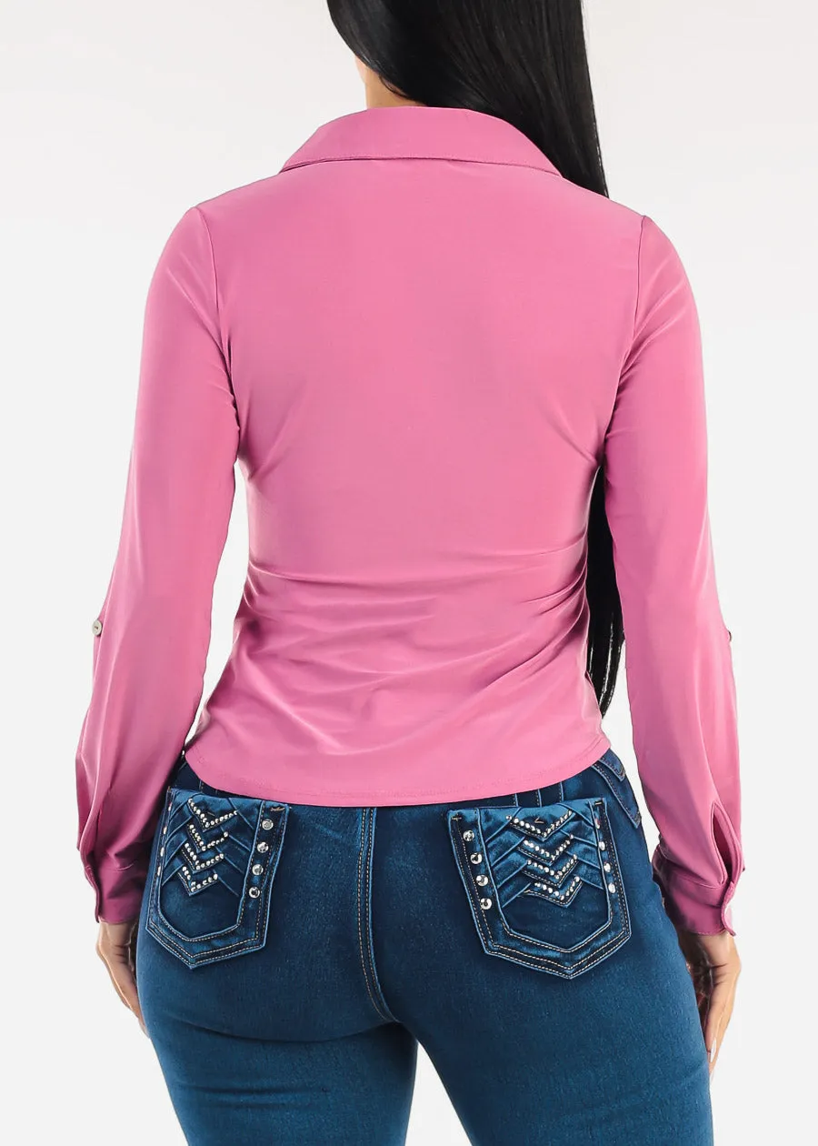 Stretch Long Sleeve Ruched Button Up Collared Blouse Candy sold by Moda product image thumbnail 4