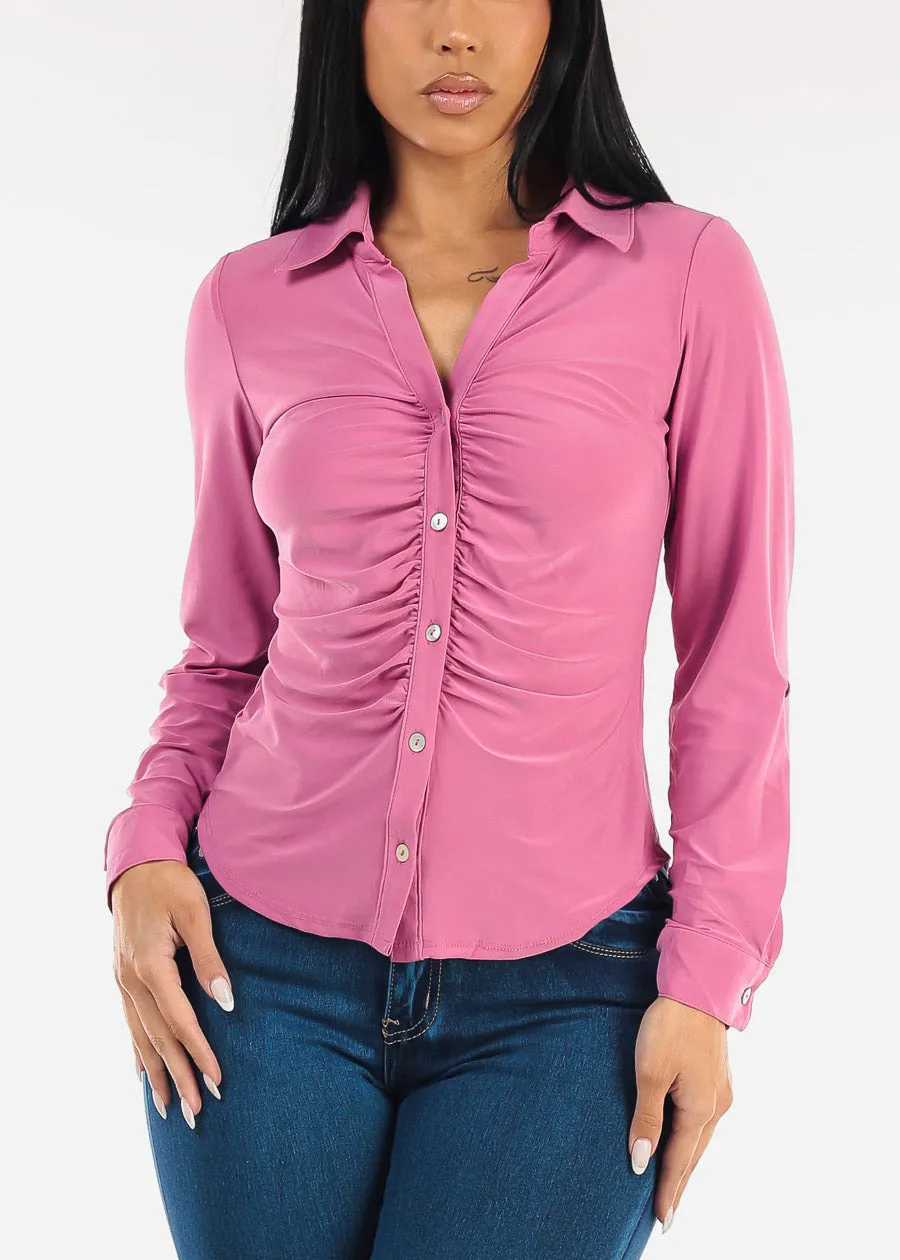 Stretch Long Sleeve Ruched Button Up Collared Blouse Candy sold by Moda