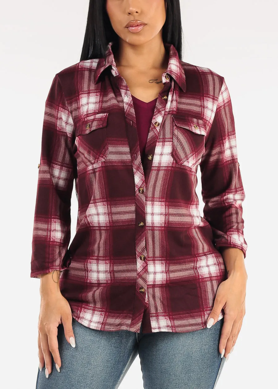 Stretch Long Sleeve Plaid Button Up Collared Blouse Burgundy & Ivory sold by Moda product image thumbnail 5