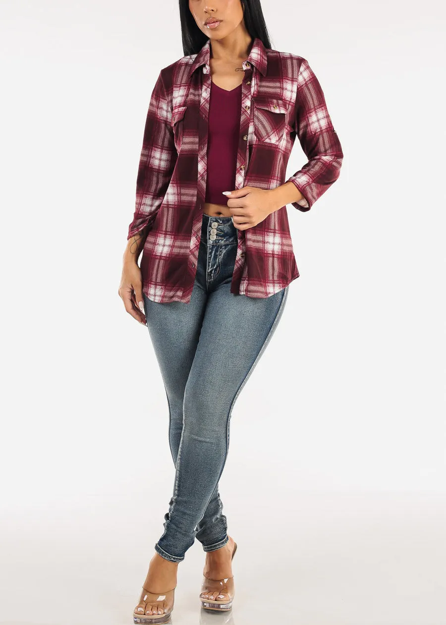 Stretch Long Sleeve Plaid Button Up Collared Blouse Burgundy & Ivory sold by Moda product image thumbnail 2