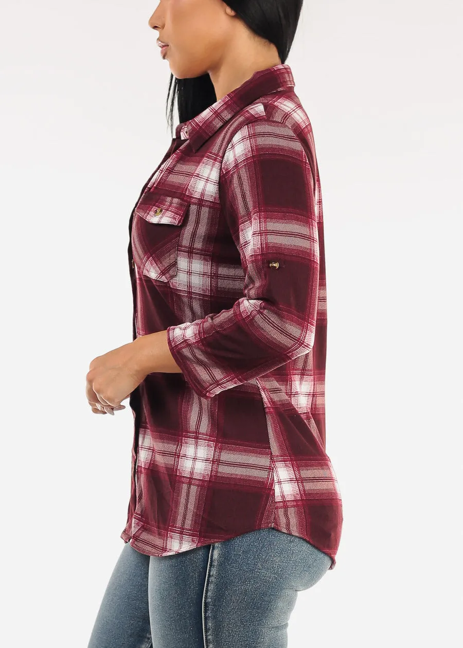 Stretch Long Sleeve Plaid Button Up Collared Blouse Burgundy & Ivory sold by Moda product image thumbnail 3
