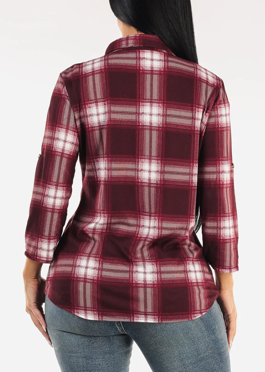 Stretch Long Sleeve Plaid Button Up Collared Blouse Burgundy & Ivory sold by Moda product image thumbnail 4