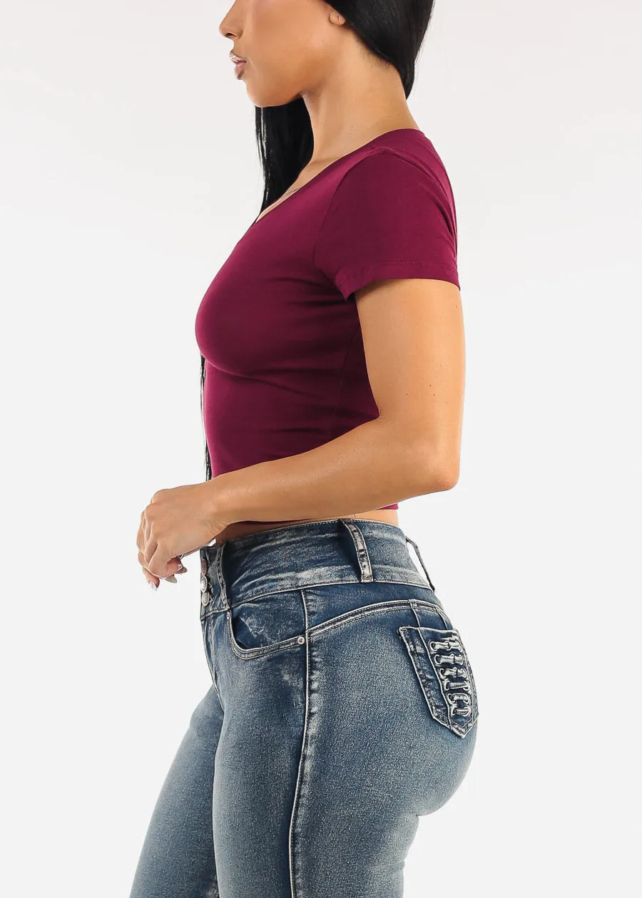Stretch Short Sleeve Vneck Crop Top Burgundy sold by Moda product image thumbnail 3