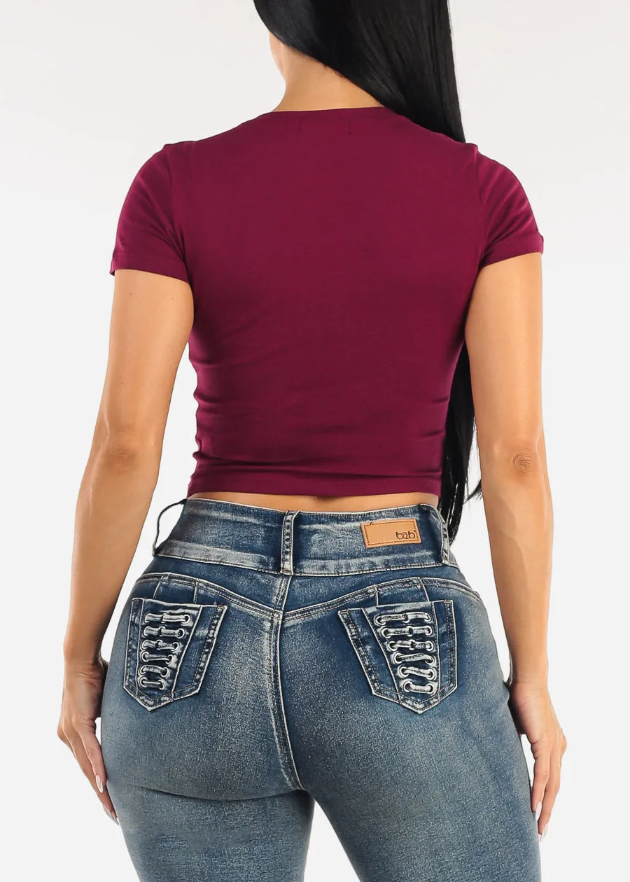 Stretch Short Sleeve Vneck Crop Top Burgundy sold by Moda product image thumbnail 4