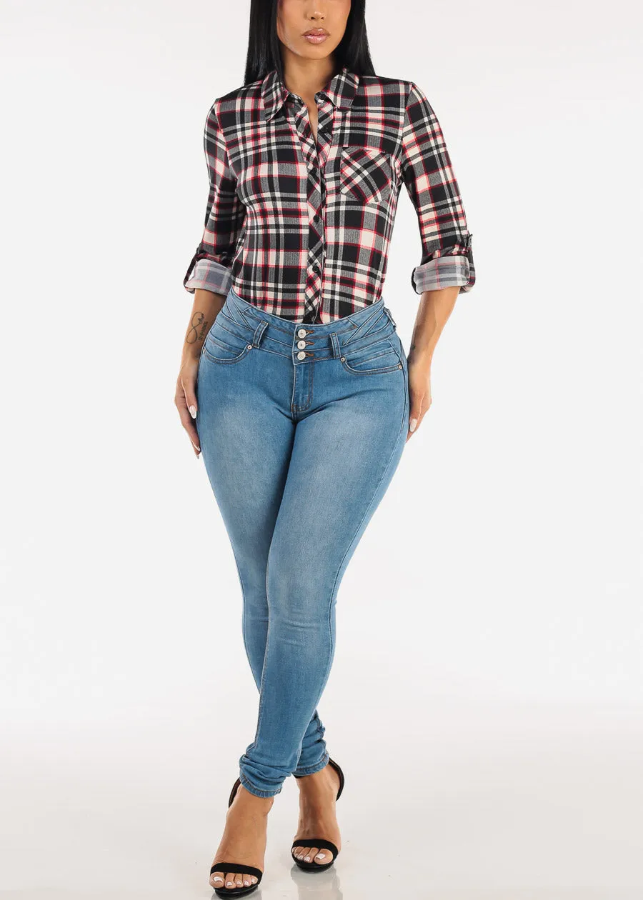 Stretch Long Sleeve Plaid Button Up Collared Blouse Black & Cream sold by Moda product image thumbnail 2