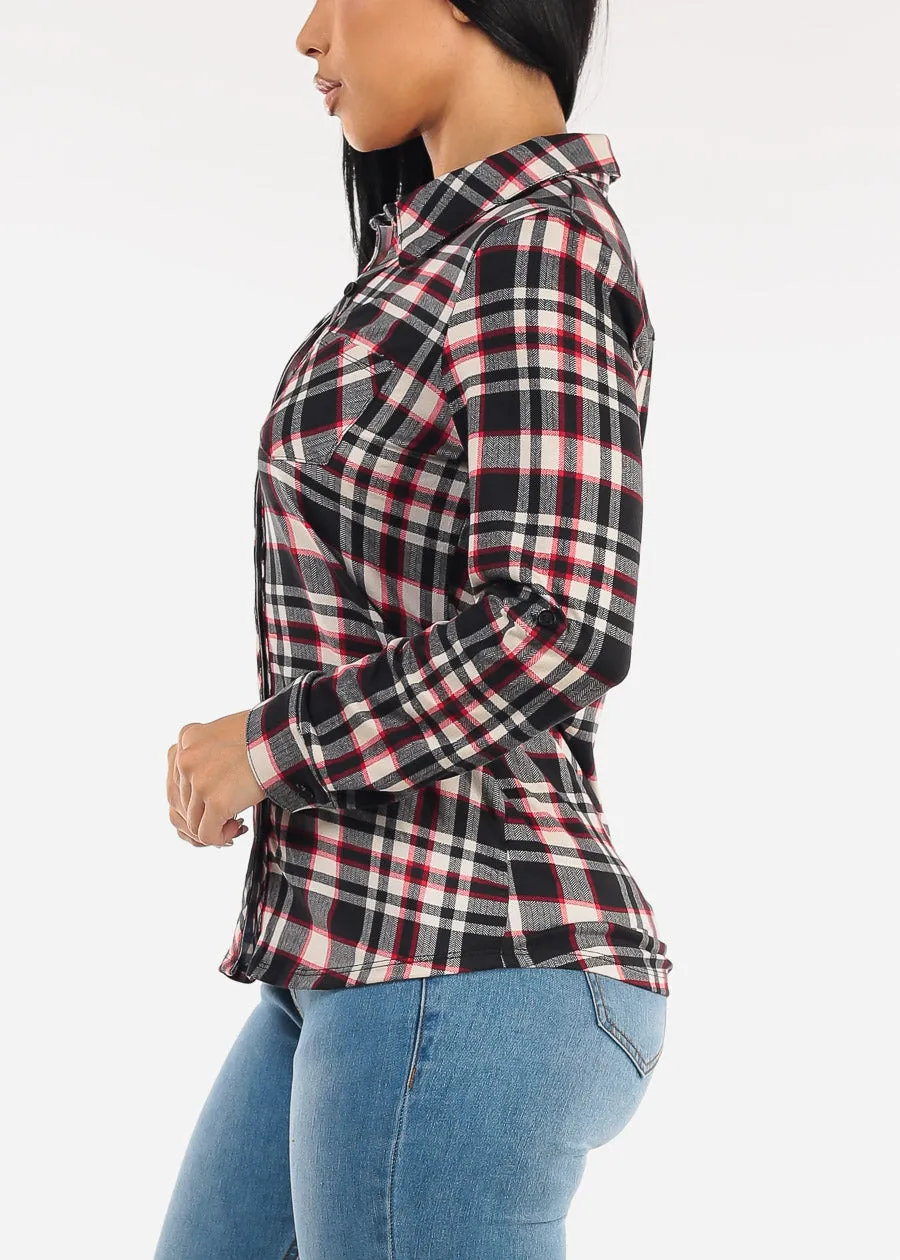 Stretch Long Sleeve Plaid Button Up Collared Blouse Black & Cream sold by Moda product image thumbnail 3