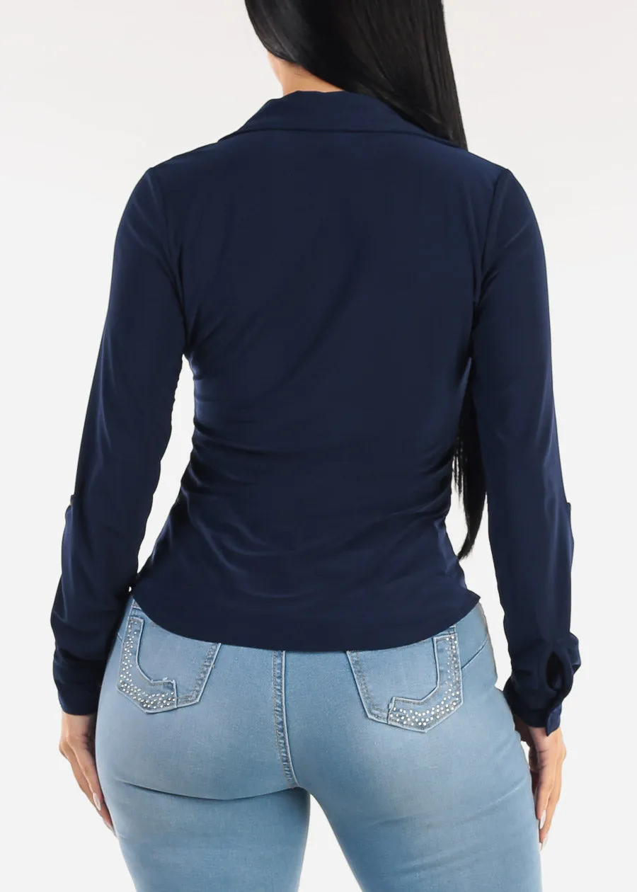 Stretch Long Sleeve Ruched Button Up Collared Blouse Navy sold by Moda product image thumbnail 4