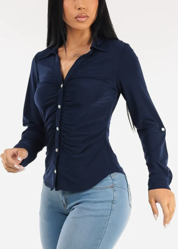 Stretch Long Sleeve Ruched Button Up Collared Blouse Navy made by Moda