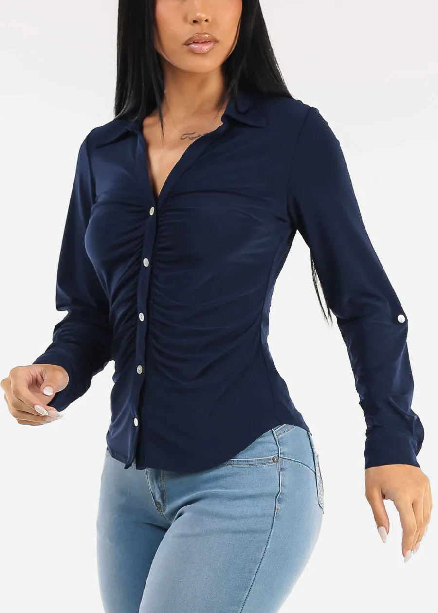 Stretch Long Sleeve Ruched Button Up Collared Blouse Navy sold by Moda