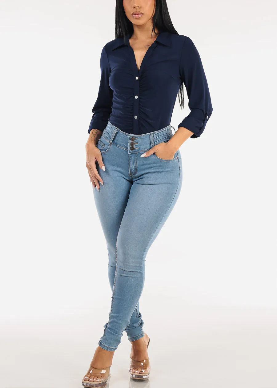 Stretch Long Sleeve Ruched Button Up Collared Blouse Navy sold by Moda product image thumbnail 2
