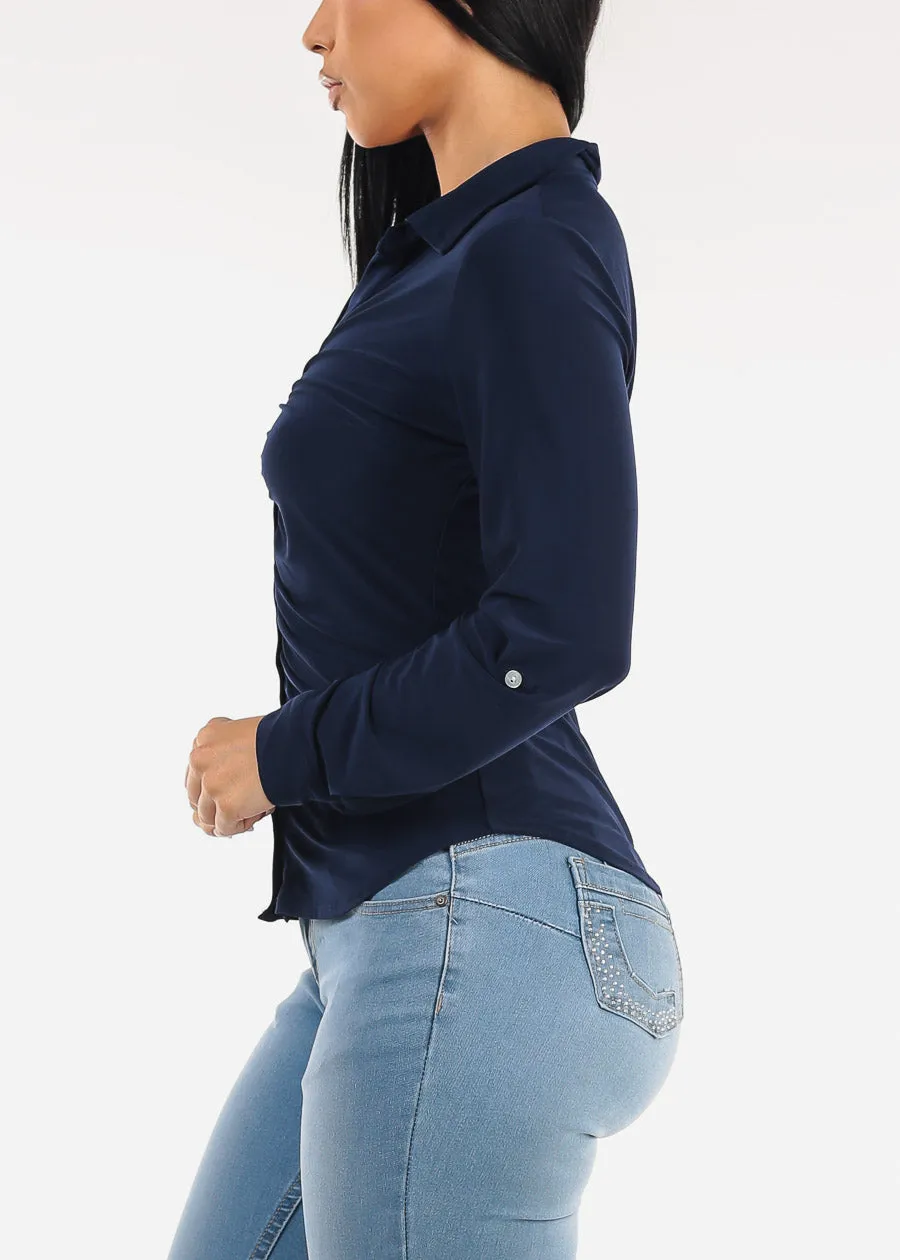 Stretch Long Sleeve Ruched Button Up Collared Blouse Navy sold by Moda product image thumbnail 3