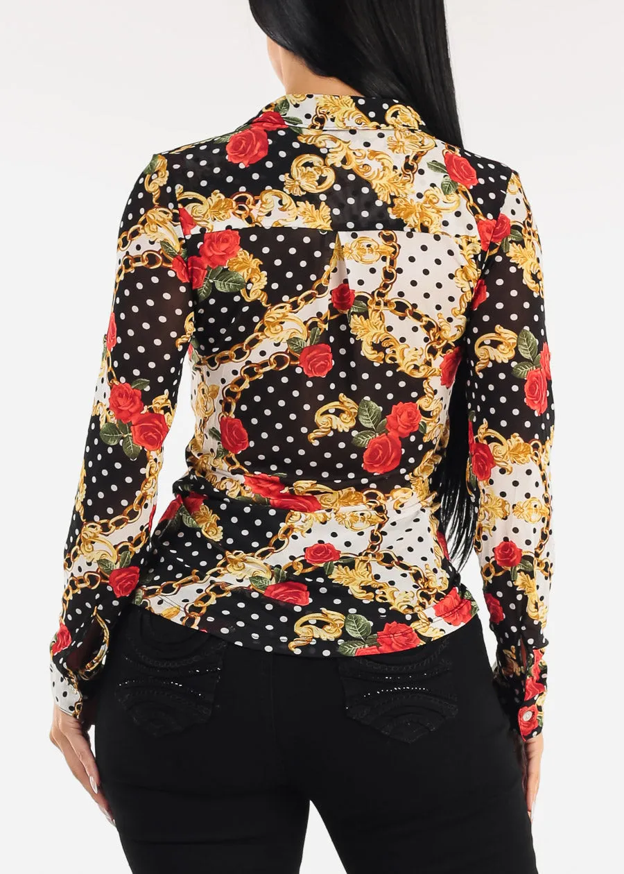 Long Sleeve Button Up Printed Mesh Blouse Black & Ivory sold by Moda product image thumbnail 4