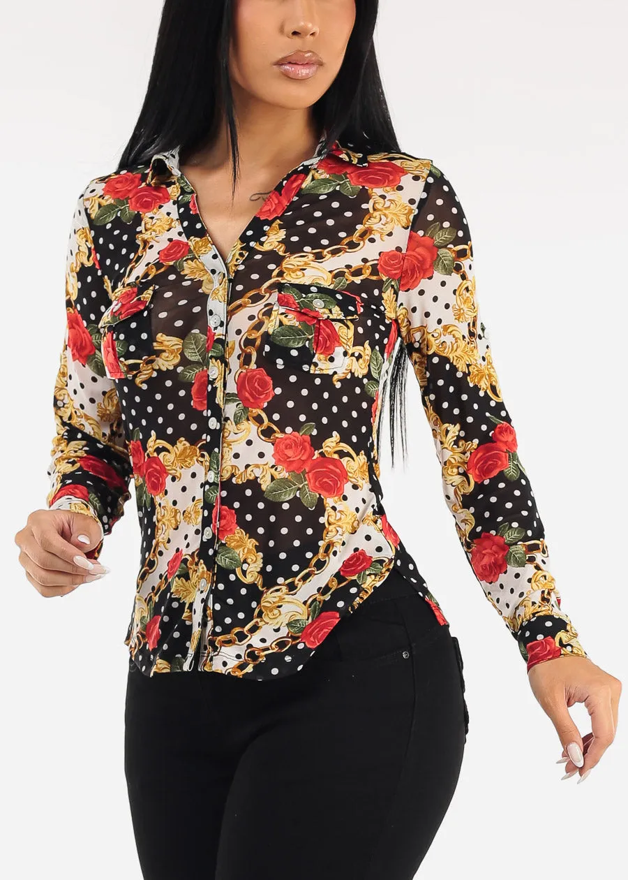 Long Sleeve Button Up Printed Mesh Blouse Black & Ivory sold by Moda