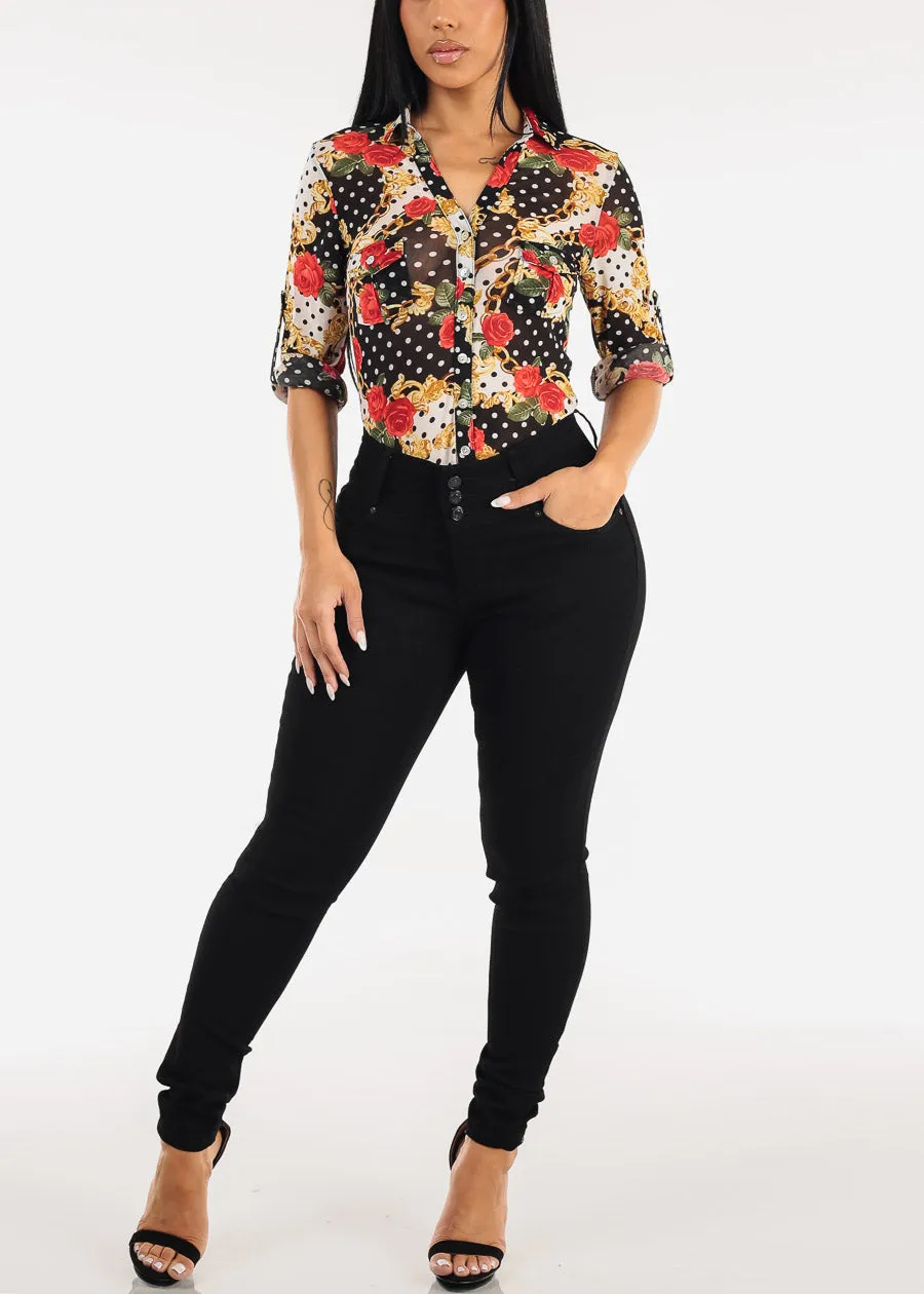 Long Sleeve Button Up Printed Mesh Blouse Black & Ivory sold by Moda product image thumbnail 2