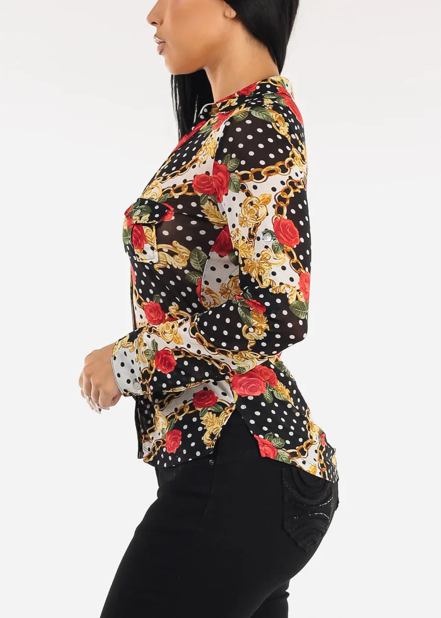 Long Sleeve Button Up Printed Mesh Blouse Black & Ivory sold by Moda product image thumbnail 3