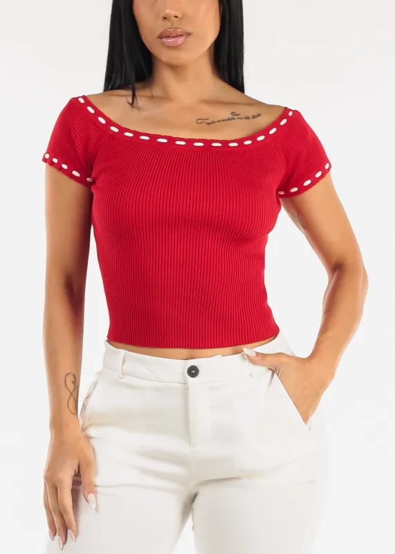 Stretch Off Shoulder Ribbed Top Red made by Active Basic