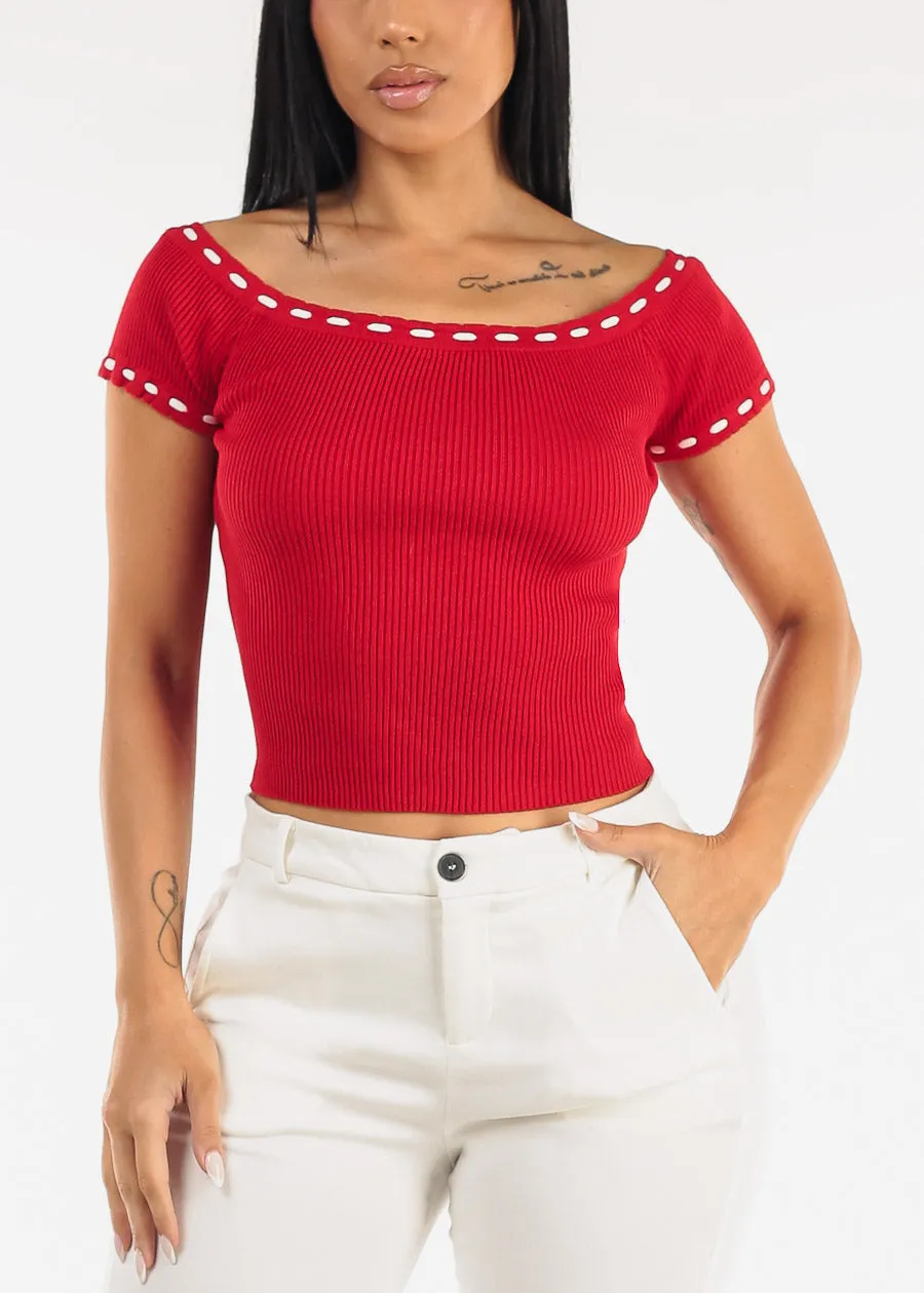 Stretch Off Shoulder Ribbed Top Red sold by Moda