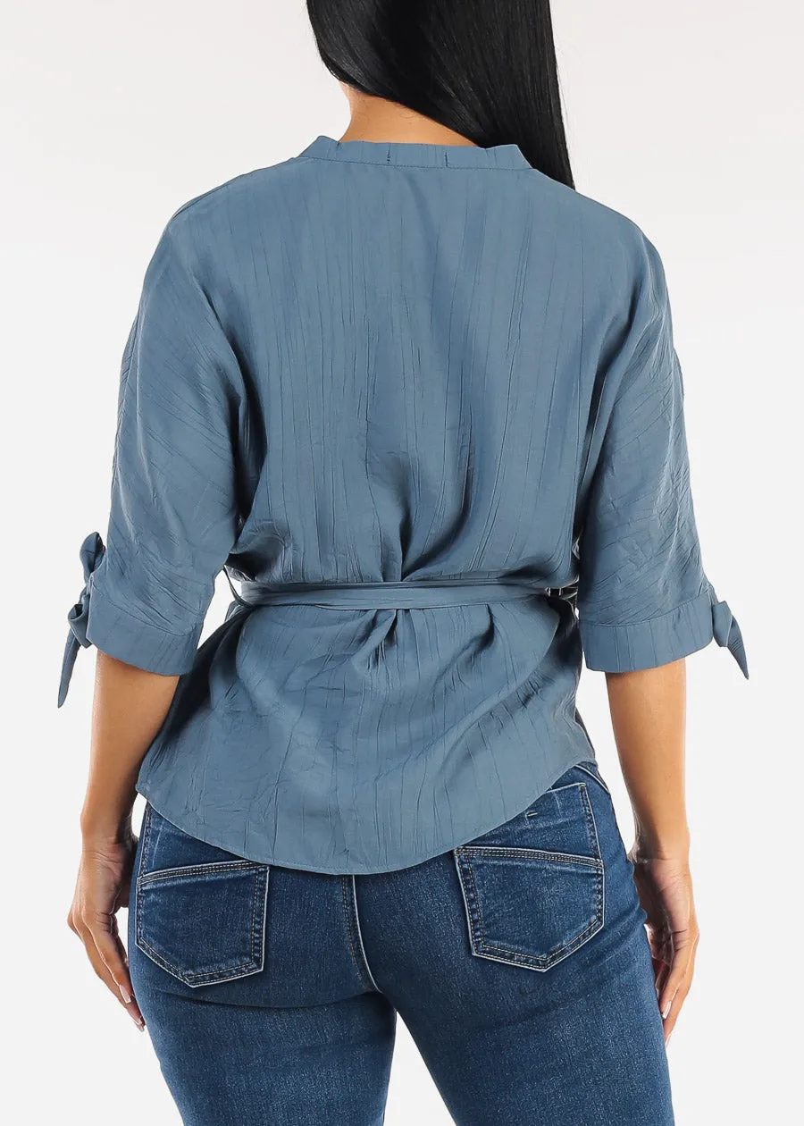 Belted Short Sleeve Button Up Blouse Blue sold by Moda product image thumbnail 4