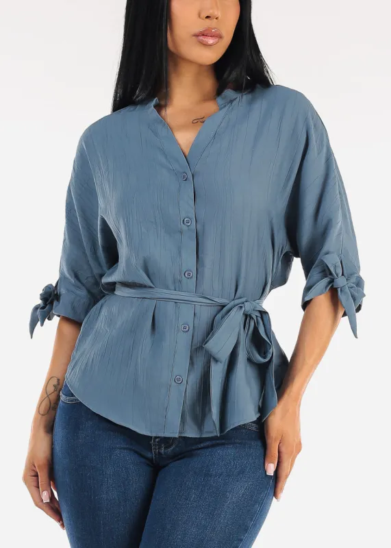 Belted Short Sleeve Button Up Blouse Blue made by Chocolate