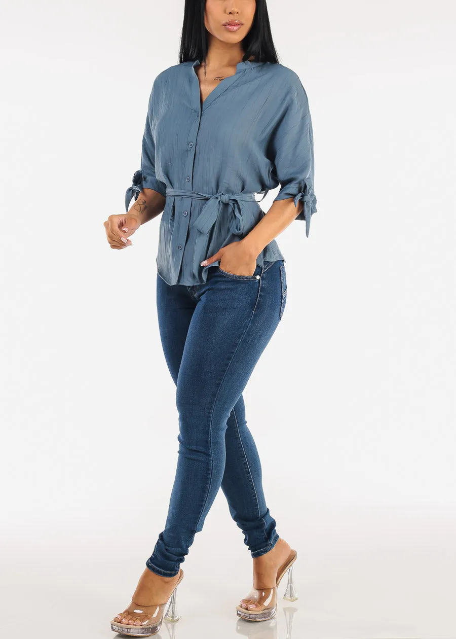 Belted Short Sleeve Button Up Blouse Blue sold by Moda product image thumbnail 2
