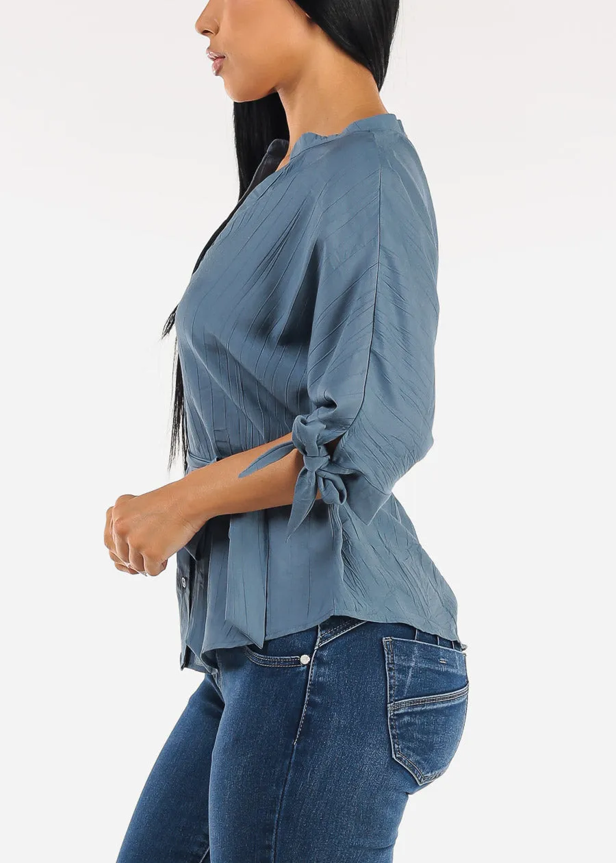 Belted Short Sleeve Button Up Blouse Blue sold by Moda product image thumbnail 3