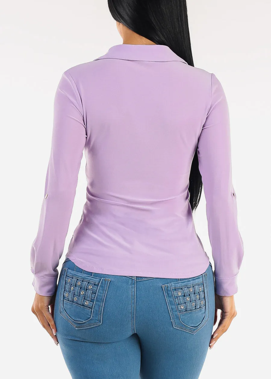 Stretchy Long Sleeve Button Down Collared Blouse Lilac sold by Moda product image thumbnail 4