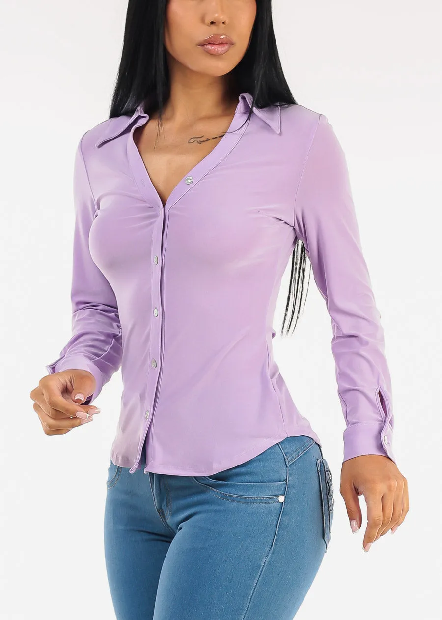 Stretchy Long Sleeve Button Down Collared Blouse Lilac sold by Moda