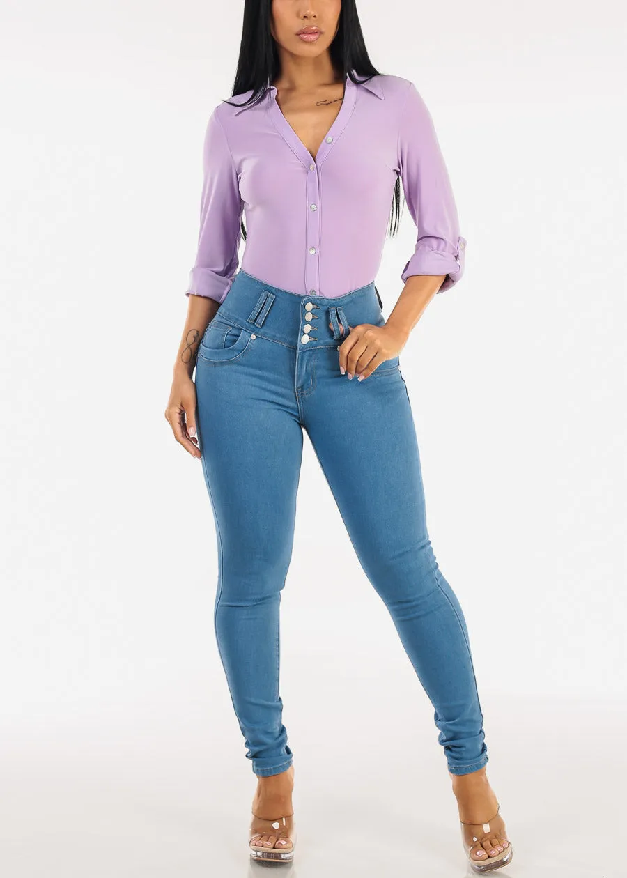 Stretchy Long Sleeve Button Down Collared Blouse Lilac sold by Moda product image thumbnail 2