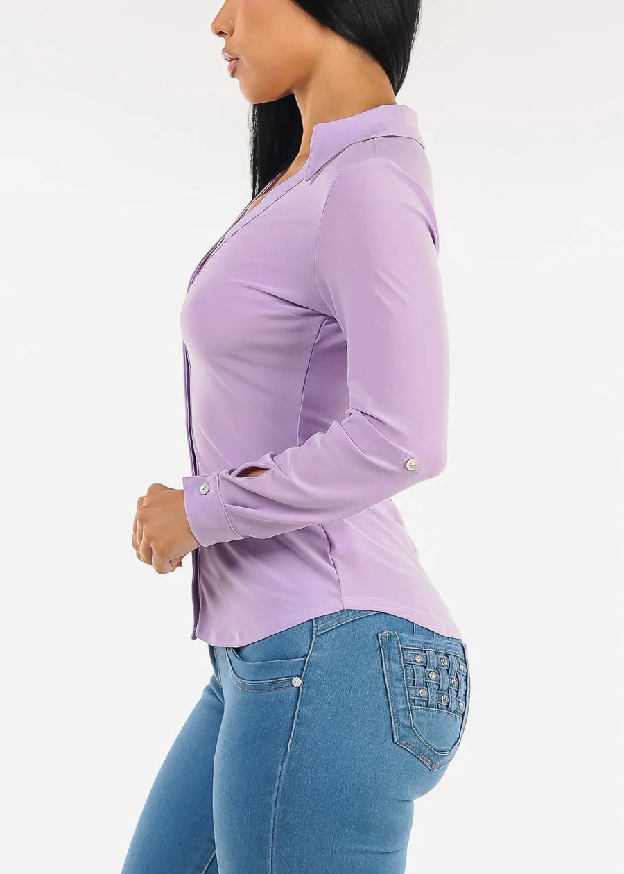 Stretchy Long Sleeve Button Down Collared Blouse Lilac sold by Moda product image thumbnail 3