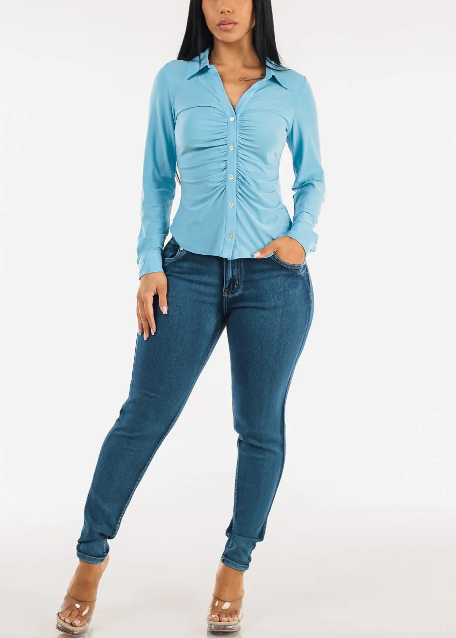 Stretch Long Sleeve Ruched Button Up Collared Blouse Light Blue sold by Moda product image thumbnail 2