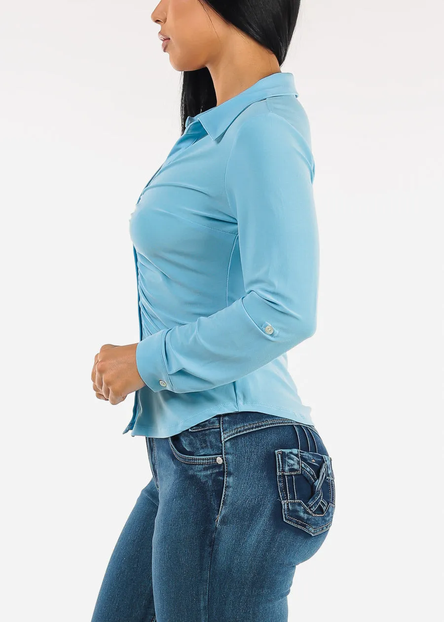 Stretch Long Sleeve Ruched Button Up Collared Blouse Light Blue sold by Moda product image thumbnail 3
