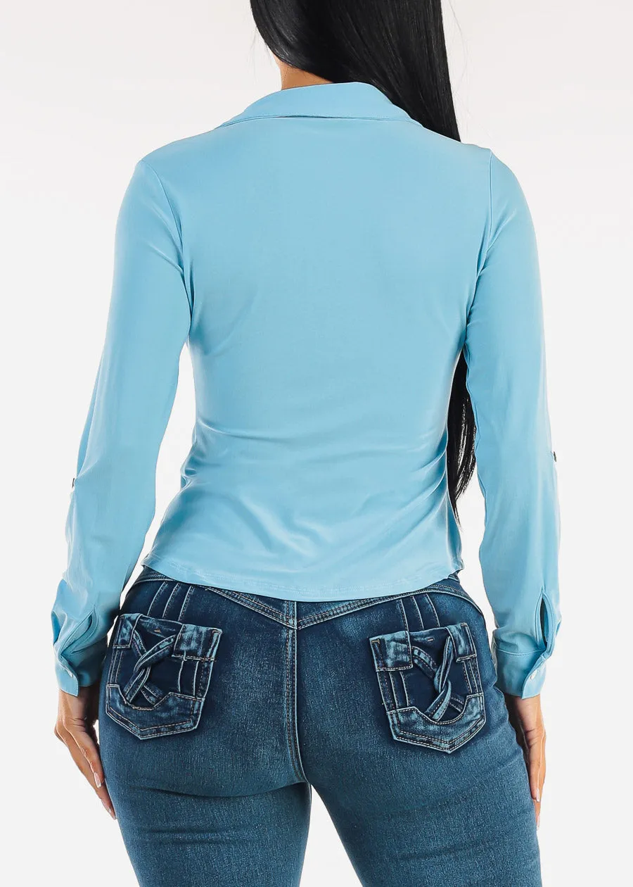 Stretch Long Sleeve Ruched Button Up Collared Blouse Light Blue sold by Moda product image thumbnail 4