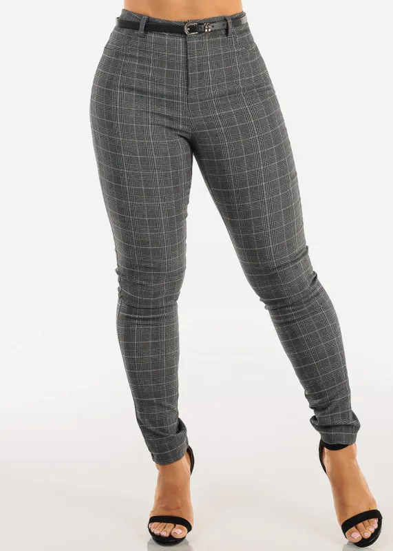 High Waist Stretch Plaid Skinny Pants Charcoal made by Chocolate