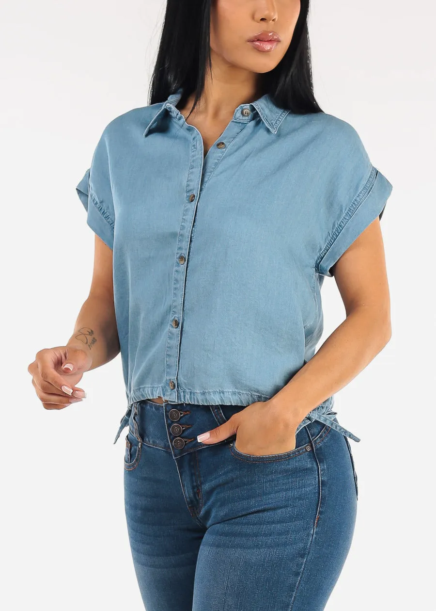Denim Shirt w Adjustable Drawstring Hem sold by Moda