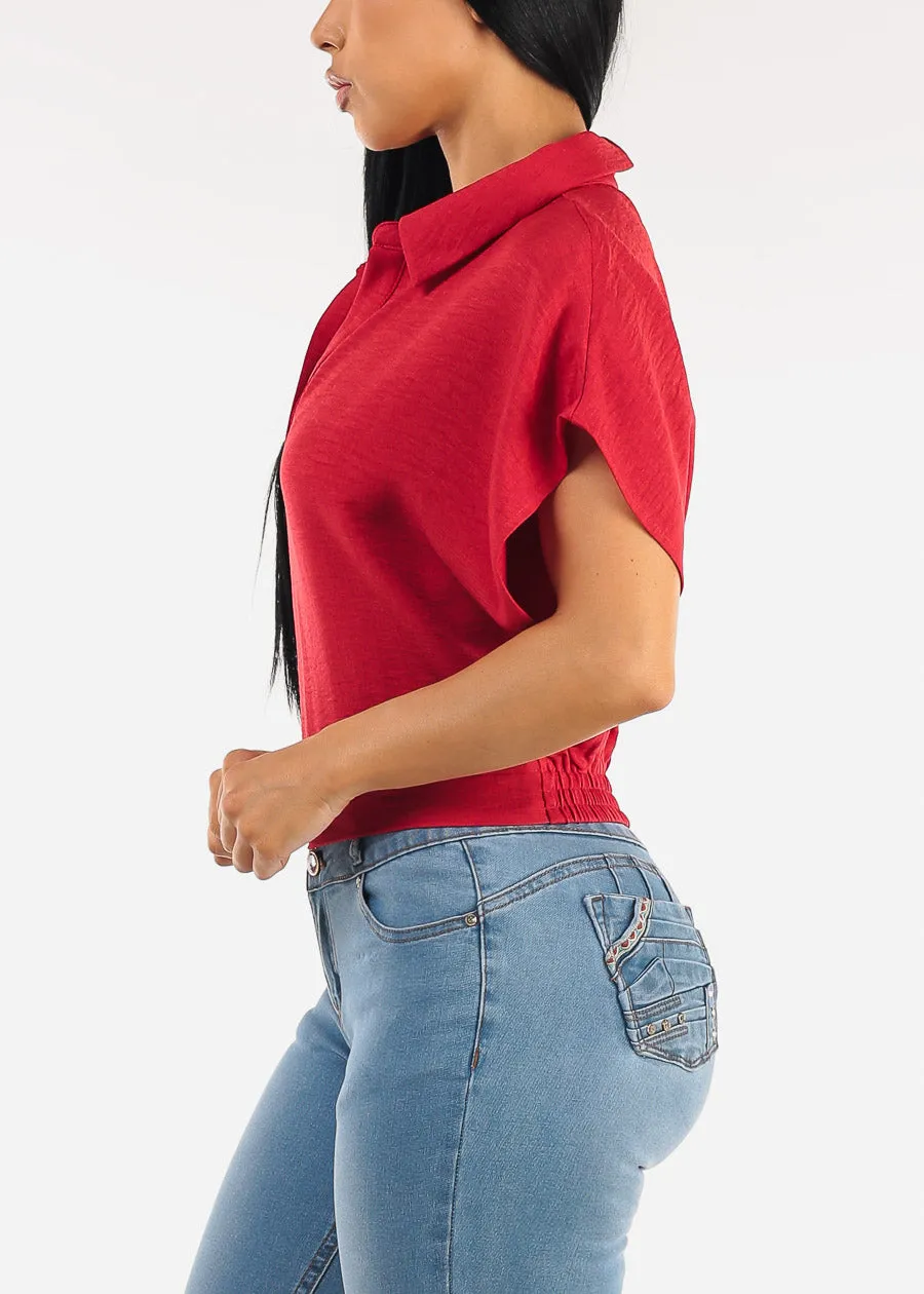 Short Sleeve Collared Linen Style Blouse Red sold by Moda product image thumbnail 3