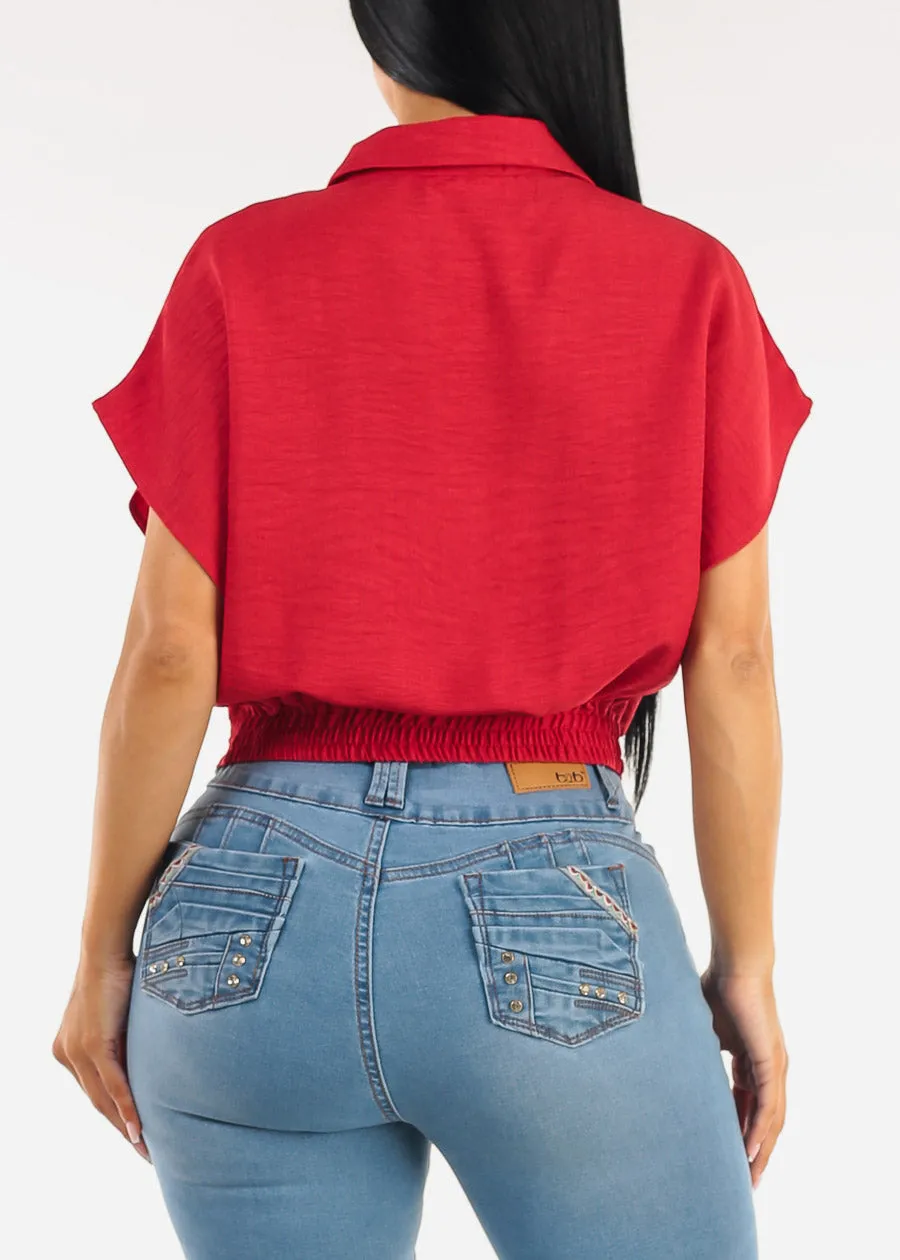 Short Sleeve Collared Linen Style Blouse Red sold by Moda product image thumbnail 4