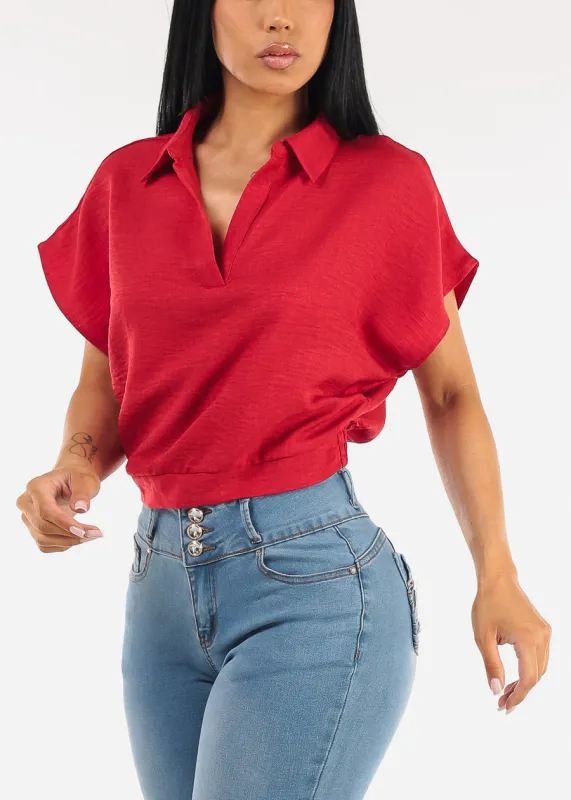 Short Sleeve Collared Linen Style Blouse Red made by Moda
