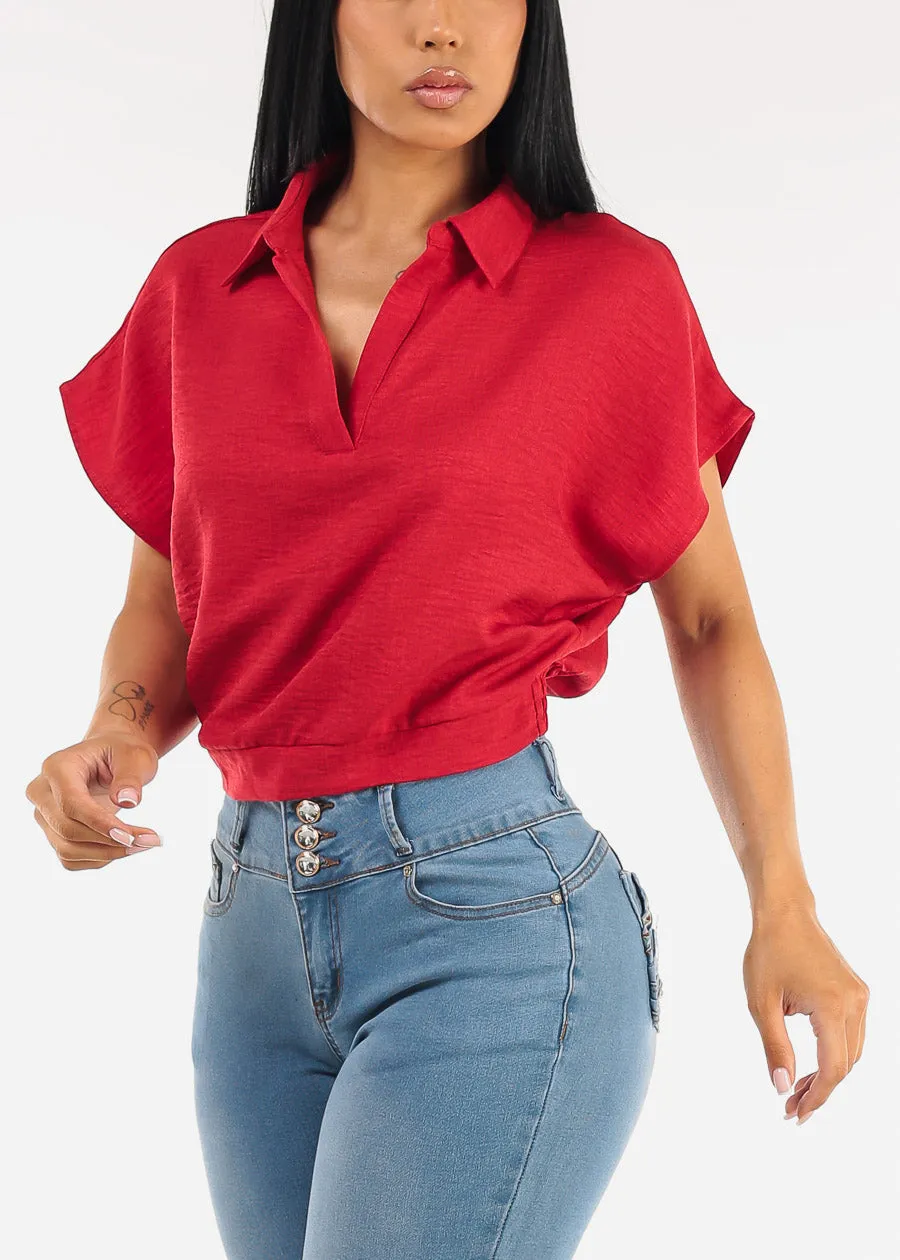 Short Sleeve Collared Linen Style Blouse Red sold by Moda