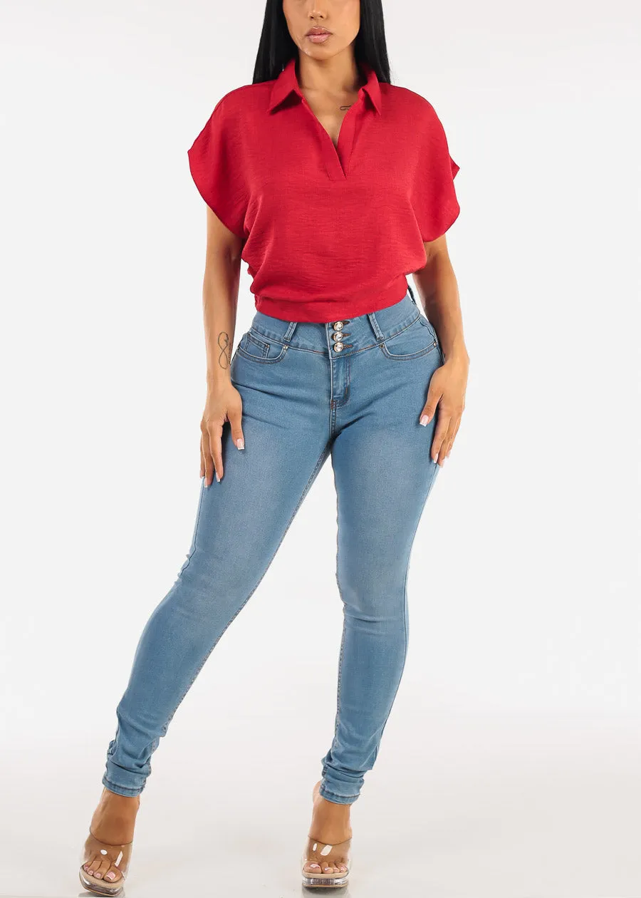 Short Sleeve Collared Linen Style Blouse Red sold by Moda product image thumbnail 2
