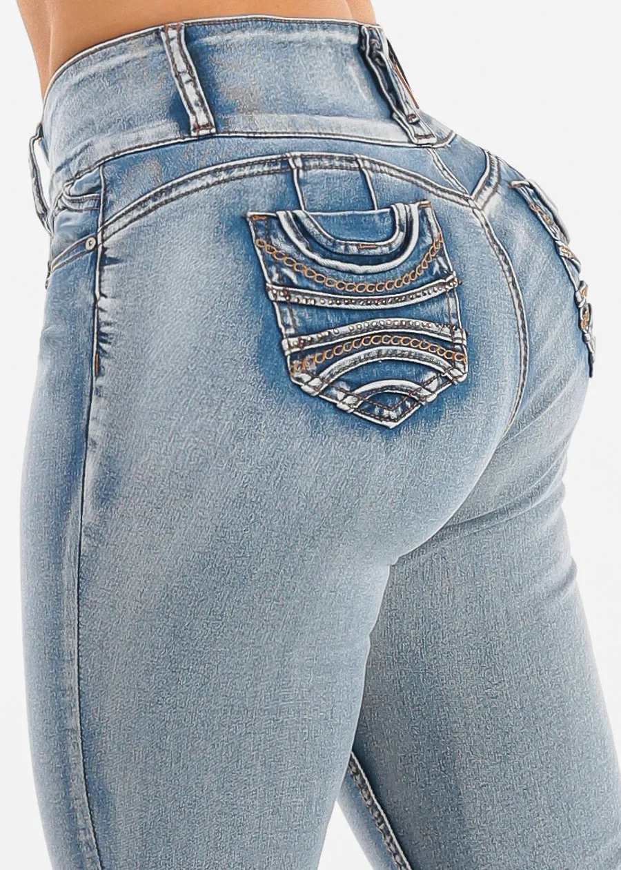 Butt Lift High Waist Chain Pocket Skinny Jeans Acid Wash sold by Moda