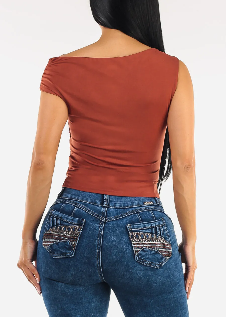 Sleeveless Asymmetrical Neckline Ruched Blouse Rust sold by Moda product image thumbnail 4