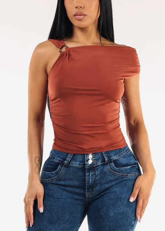 Sleeveless Asymmetrical Neckline Ruched Blouse Rust made by Chocolate