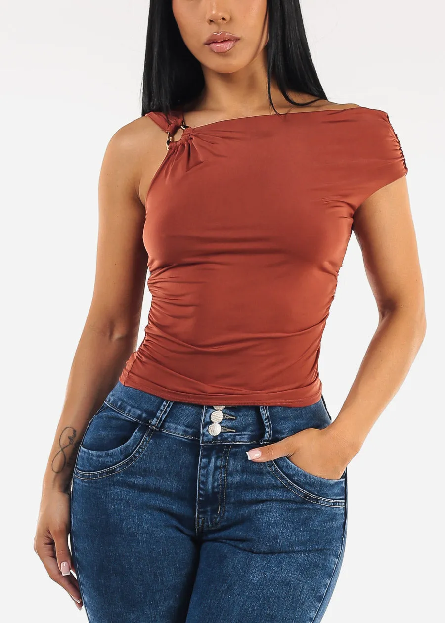 Sleeveless Asymmetrical Neckline Ruched Blouse Rust sold by Moda product image thumbnail 5