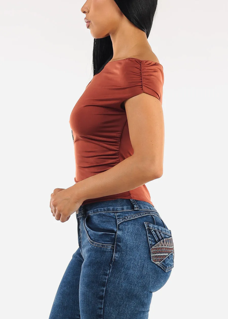 Sleeveless Asymmetrical Neckline Ruched Blouse Rust sold by Moda product image thumbnail 3