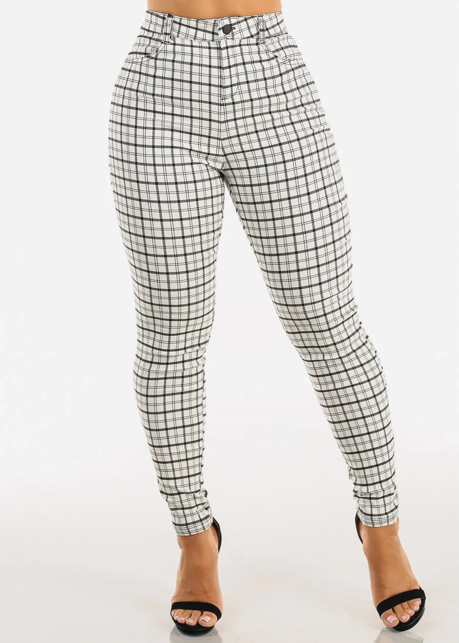 Super High Waist Stretch Plaid Skinny Ankle Pants White sold by Moda