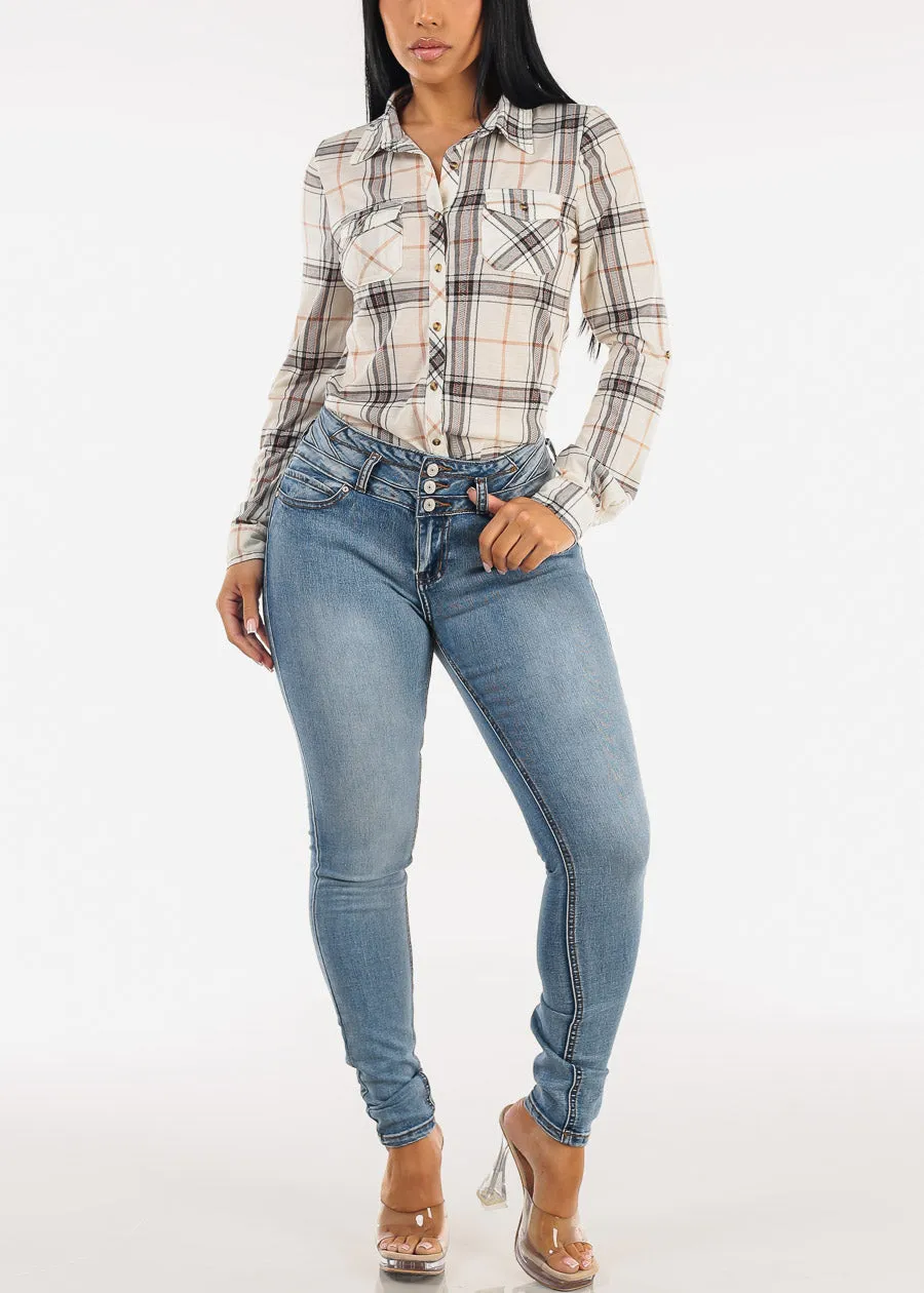 Stretch Long Sleeve Plaid Button Up Collared Blouse Ivory Khaki sold by Moda product image thumbnail 2