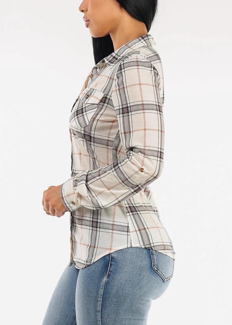 Stretch Long Sleeve Plaid Button Up Collared Blouse Ivory Khaki sold by Moda product image thumbnail 3
