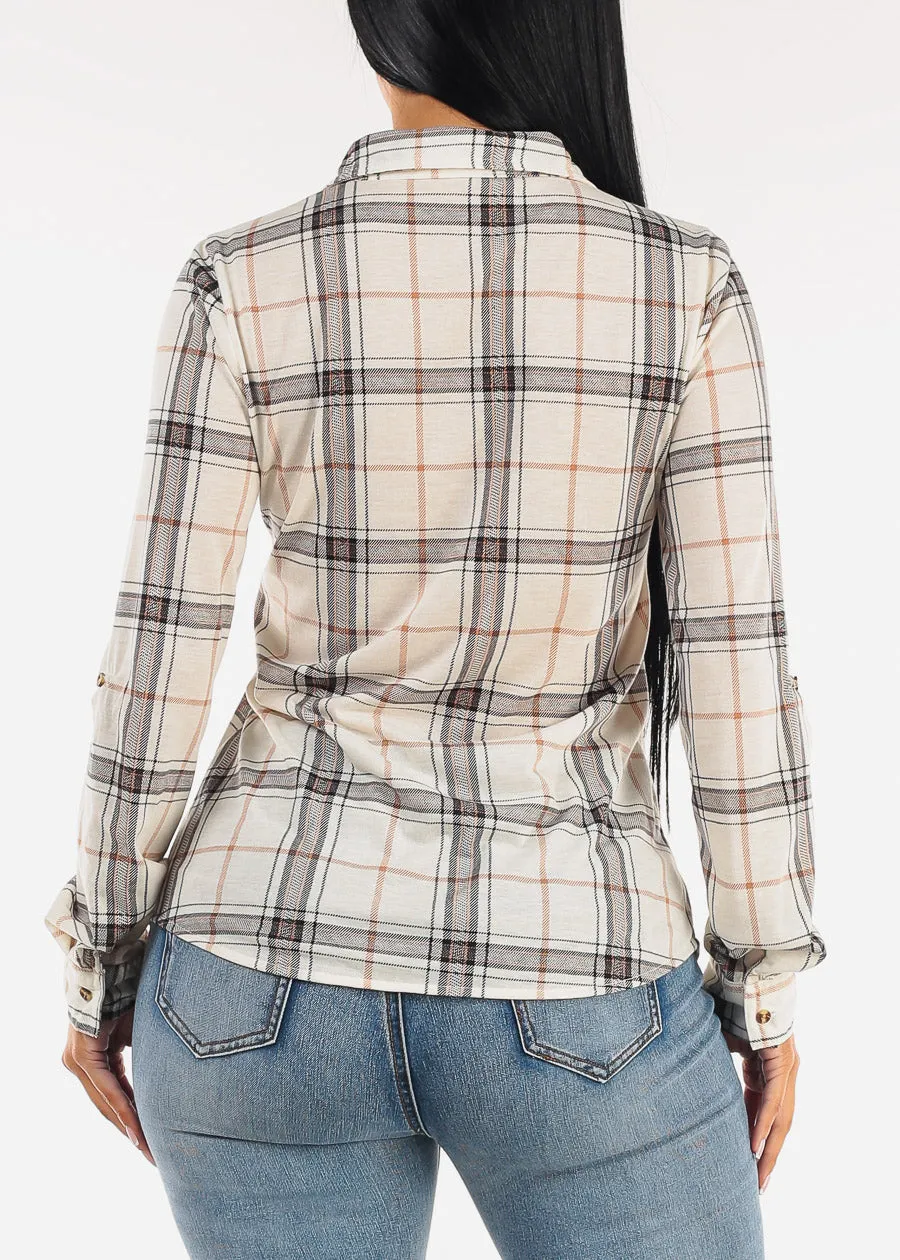 Stretch Long Sleeve Plaid Button Up Collared Blouse Ivory Khaki sold by Moda product image thumbnail 4
