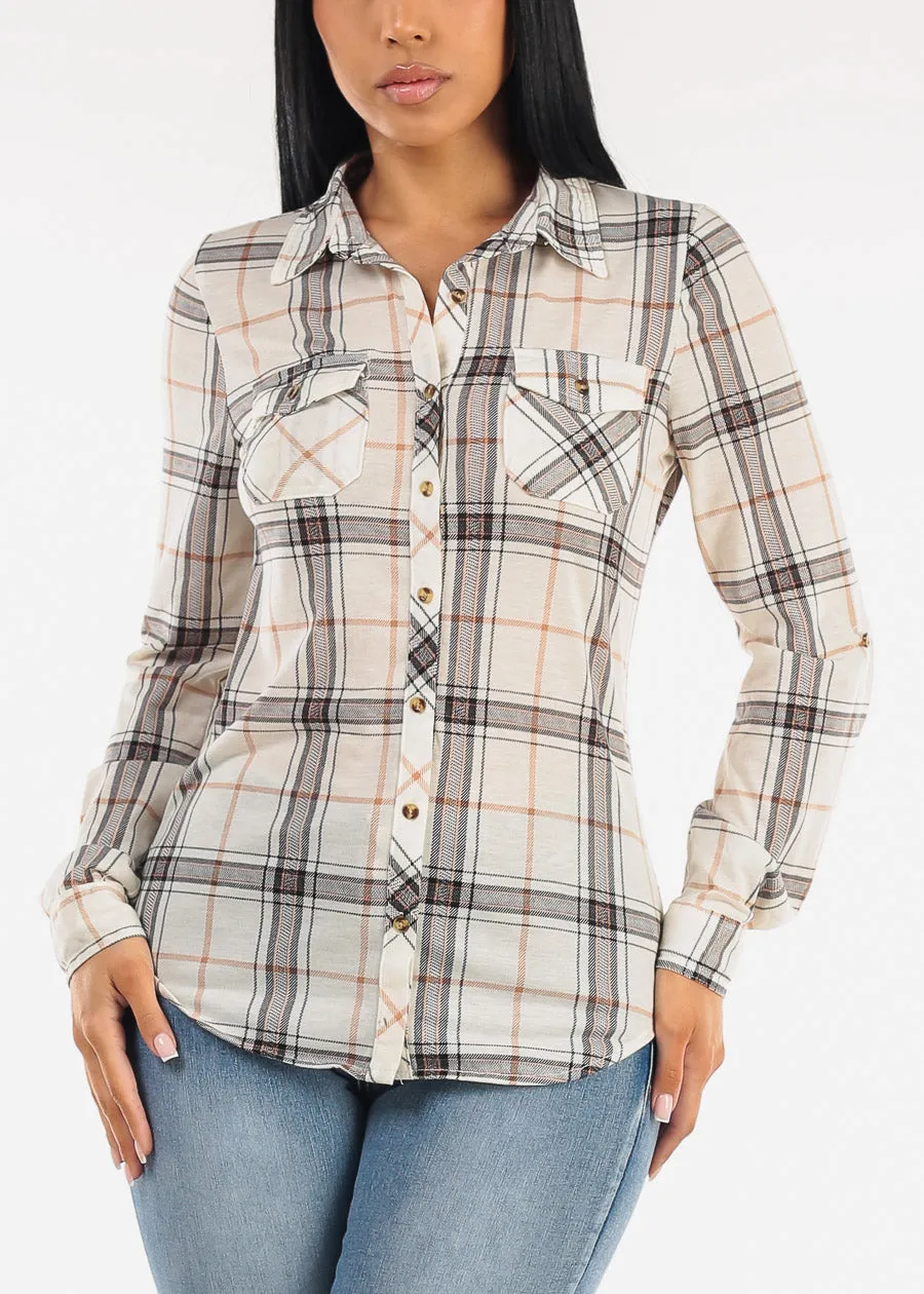 Stretch Long Sleeve Plaid Button Up Collared Blouse Ivory Khaki sold by Moda