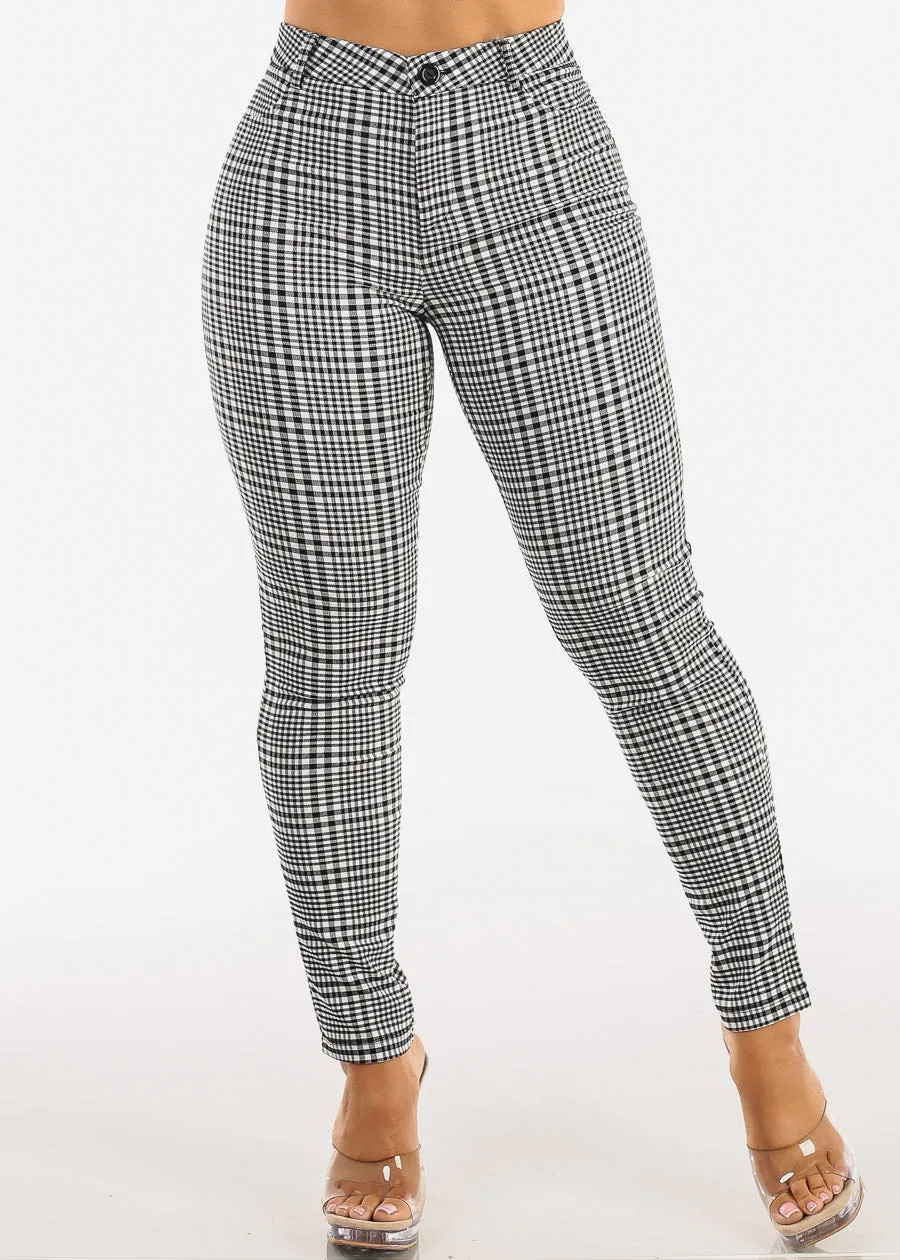 High Waist Stretch Plaid Skinny Pants Black & White sold by Moda